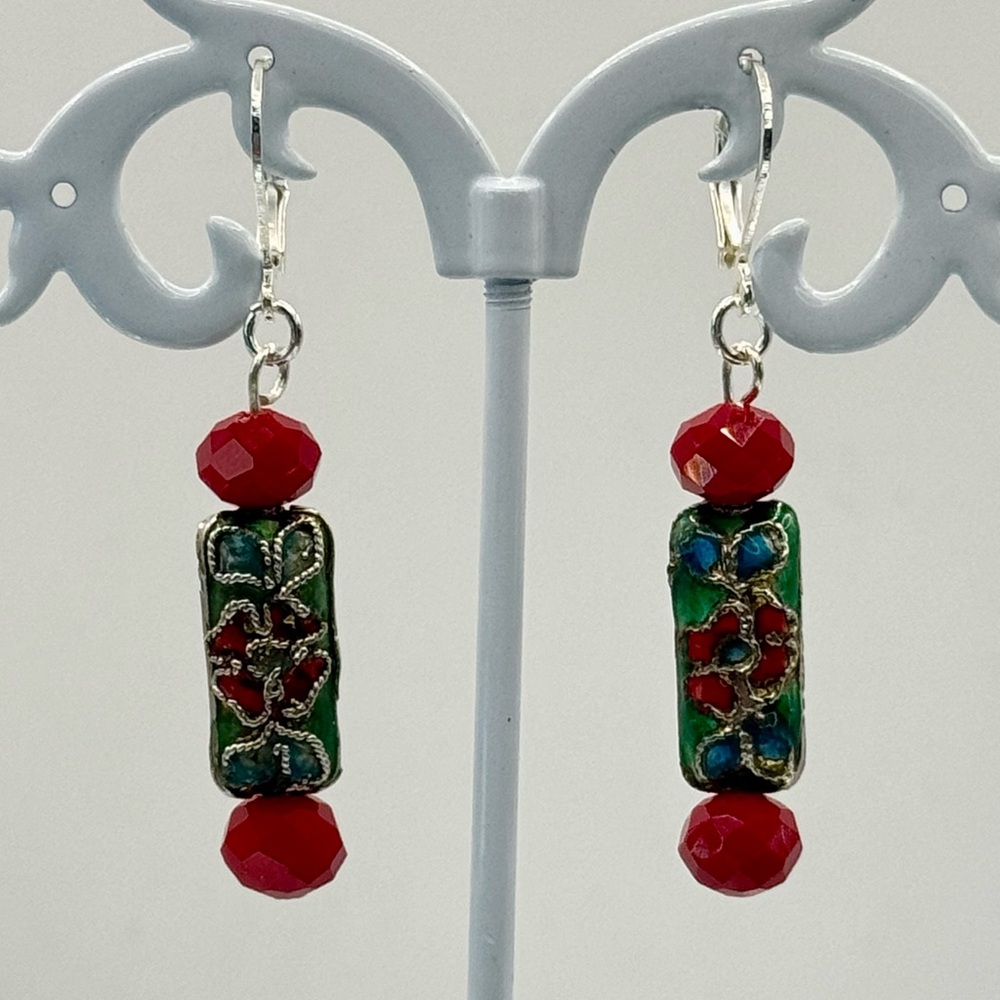 Cloisonné Vintage Green with Red Flowers Beaded Dangle Earrings